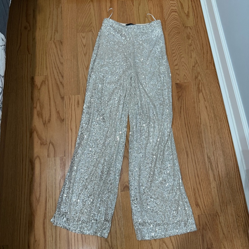 Sequin Wide-Leg Pants - Silver